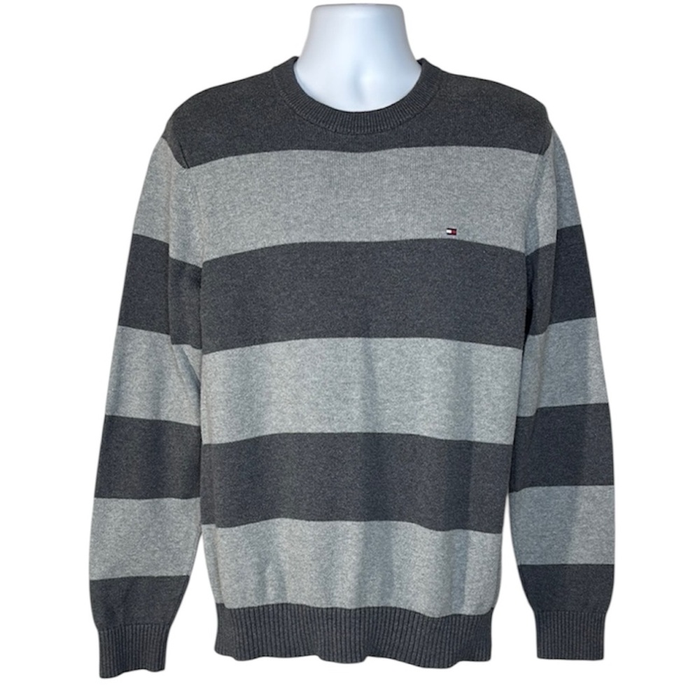 Tommy Hilfiger Gray Crewneck Sweater with Stripes
